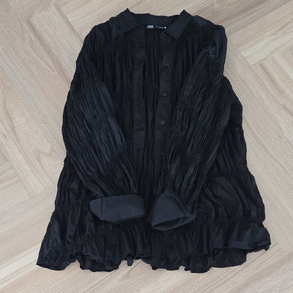 Zara Tops - Zara Black Collared Rouched Oversized Shirt Small